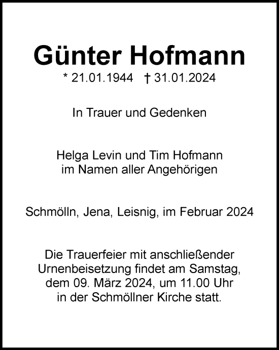 Traueranzeige von Günter Hofmann von Ostthüringer Zeitung