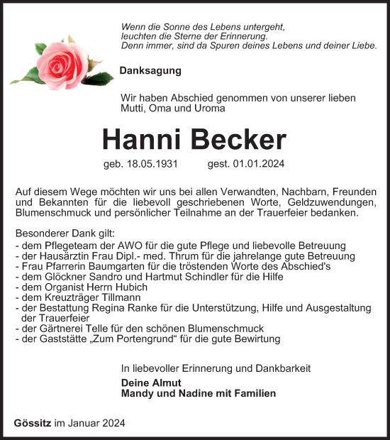 Traueranzeige von Hanni Becker von Ostthüringer Zeitung