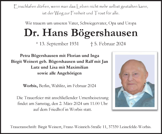 Traueranzeige von Hans Bögershausen von Thüringer Allgemeine