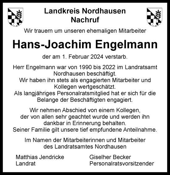 Traueranzeige von Hans-Joachim Engelmann von Thüringer Allgemeine