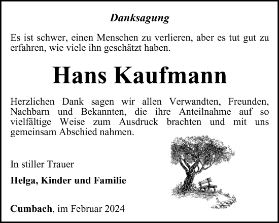 Traueranzeige von Hans Kaufmann von Thüringer Allgemeine, Thüringische Landeszeitung