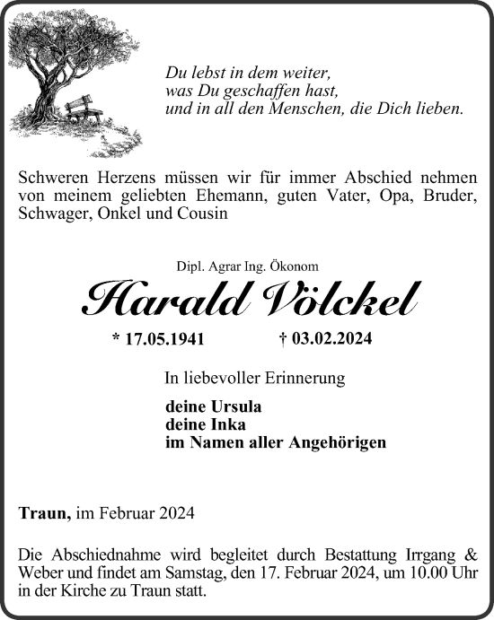 Traueranzeige von Harald Völckel von Ostthüringer Zeitung