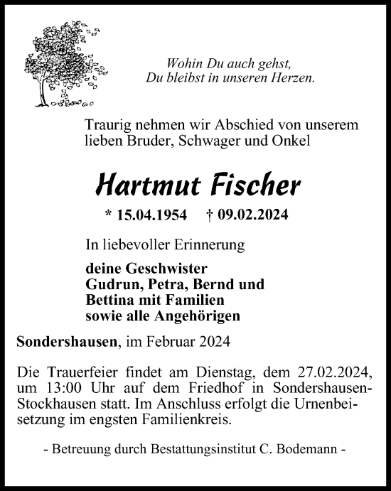 Traueranzeige von Hartmut Fischer