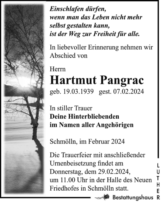 Traueranzeige von Hartmut Pangrac von Ostthüringer Zeitung