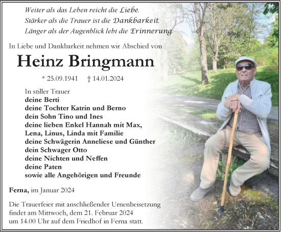 Traueranzeige von Heinz Bringmann von Thüringer Allgemeine