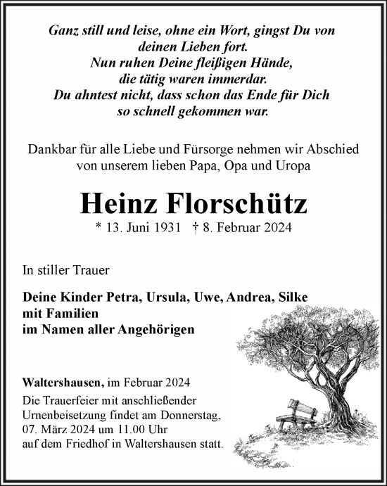 Traueranzeige von Heinz Florschütz von Thüringer Allgemeine, Thüringische Landeszeitung