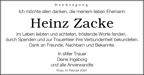 Traueranzeige von Heinz Zacke