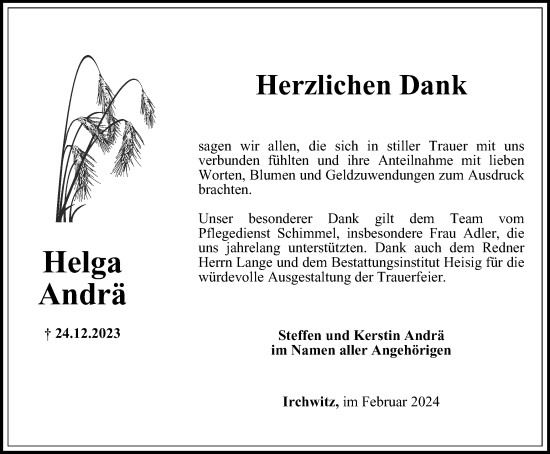 Traueranzeige von Helga Andrä von Ostthüringer Zeitung