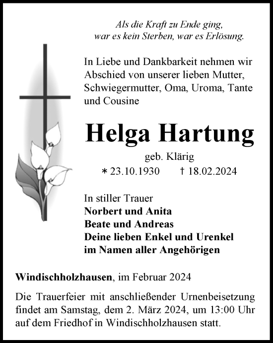 Traueranzeige von Helga Hartung von Thüringer Allgemeine, Thüringische Landeszeitung