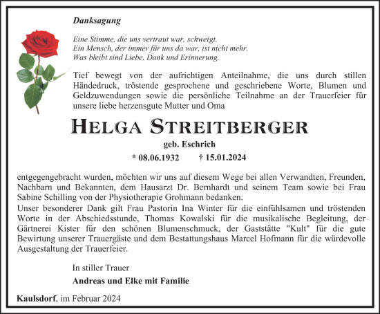 Traueranzeige von Helga Streitberger von Ostthüringer Zeitung