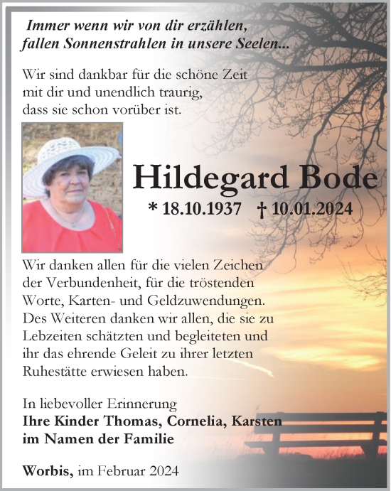 Traueranzeige von Hildegard Bode von Thüringer Allgemeine