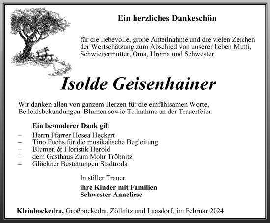 Traueranzeige von Isolde Geisenhainer von Ostthüringer Zeitung