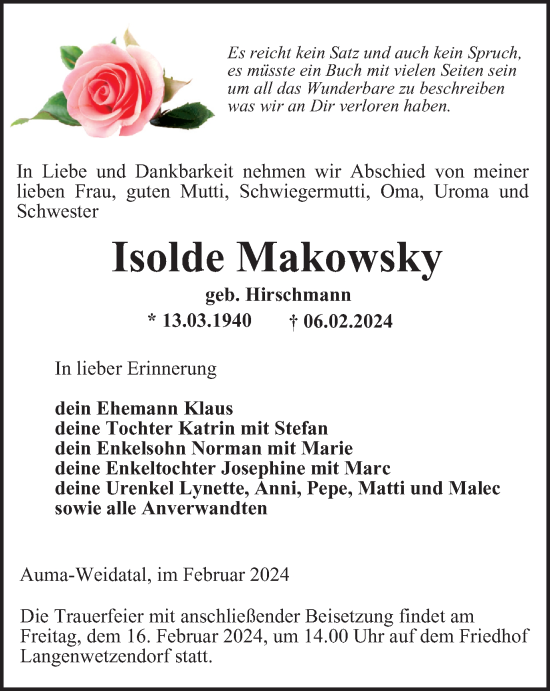 Traueranzeige von Isolde Makowsky von Ostthüringer Zeitung