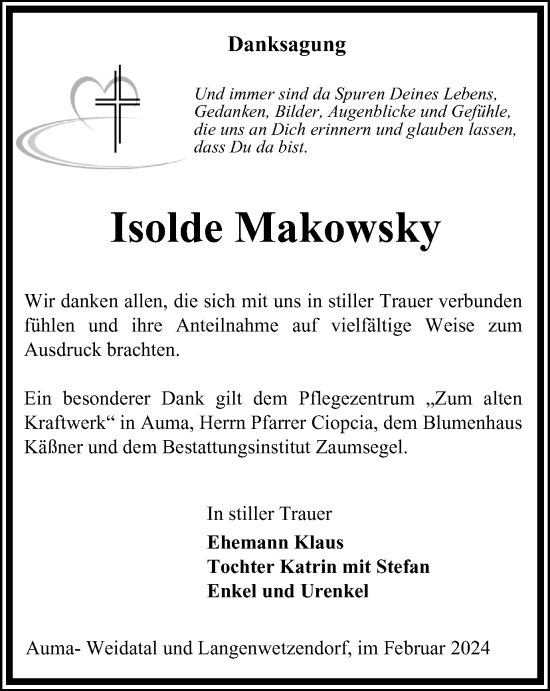 Traueranzeige von Isolde Makowsky von Ostthüringer Zeitung