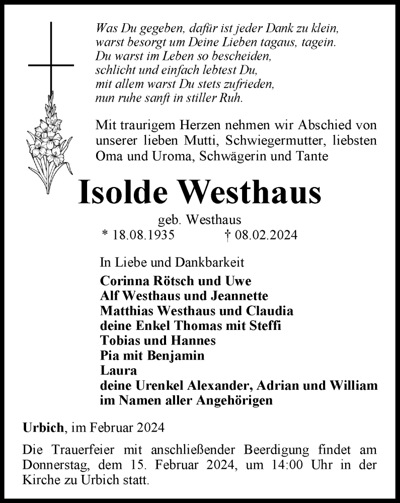  Traueranzeige für Isolde Westhaus vom 10.02.2024 aus Thüringer Allgemeine, Thüringische Landeszeitung
