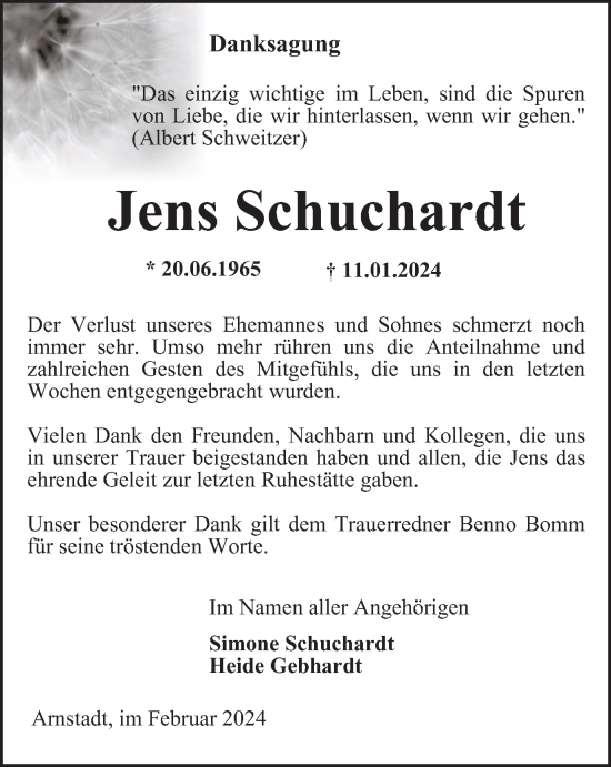 Traueranzeige von Jens Schuchardt von Thüringer Allgemeine