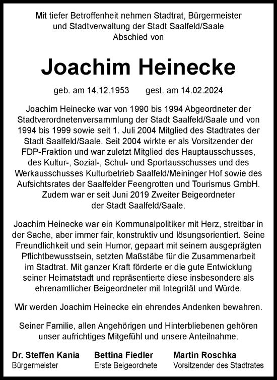 Traueranzeige von Joachim Heinecke von Ostthüringer Zeitung
