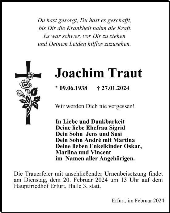 Traueranzeige von Joachim Traut von Thüringer Allgemeine, Thüringische Landeszeitung