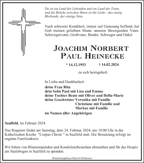 Traueranzeige von Joachim Norbert Paul Heinecke von Ostthüringer Zeitung