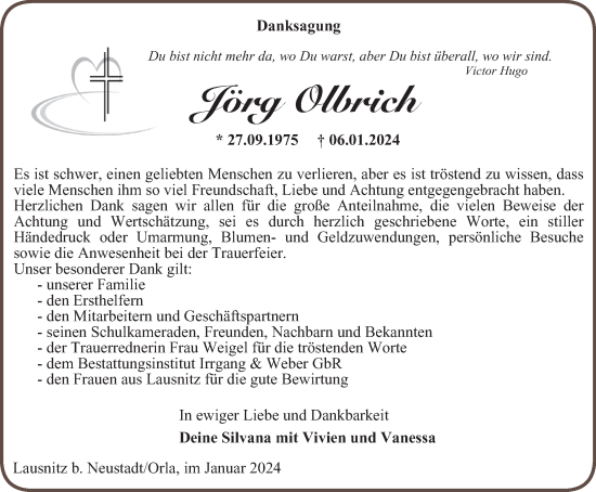 Traueranzeige von Jörg Olbrich von Ostthüringer Zeitung