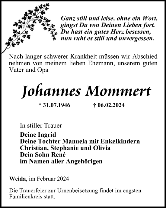 Traueranzeige von Johannes Mommert von Ostthüringer Zeitung