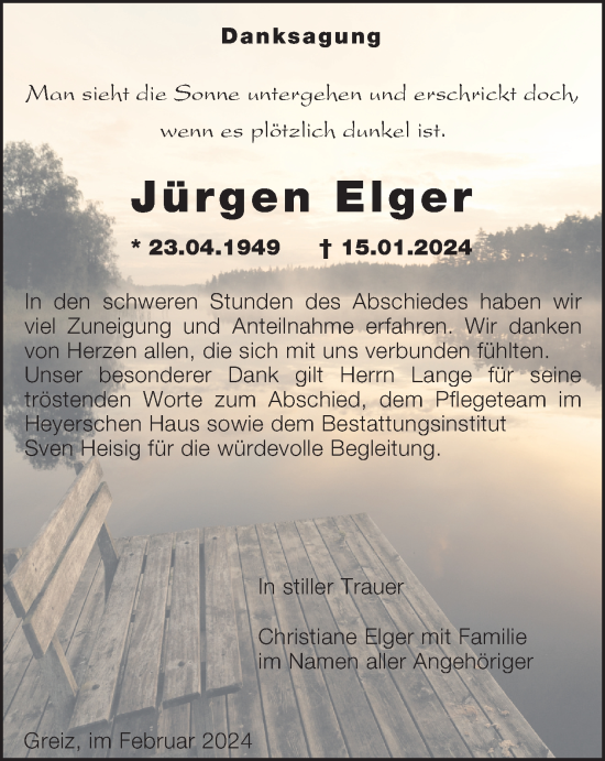 Traueranzeige von Jürgen Elger