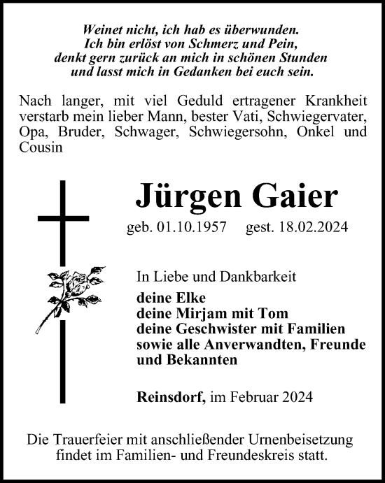 Traueranzeige von Jürgen Gaier von Ostthüringer Zeitung