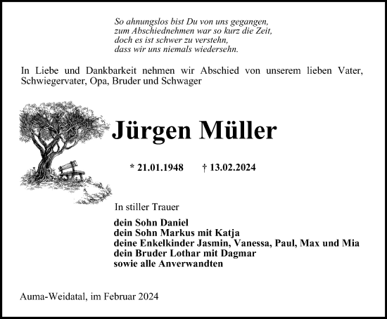 Traueranzeige von Jürgen Müller von Ostthüringer Zeitung