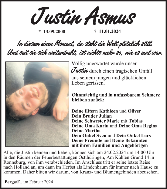 Traueranzeige von Justin Asmus von Ostthüringer Zeitung
