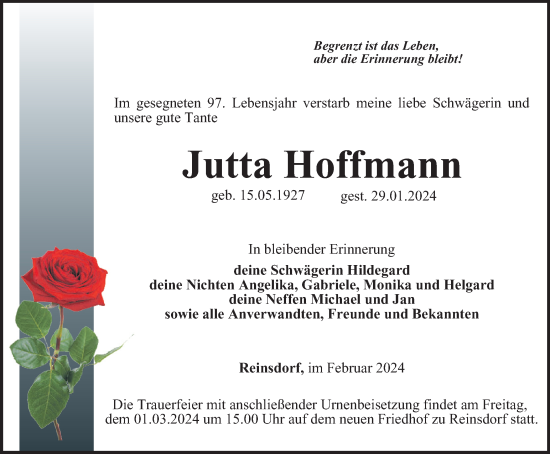 Traueranzeige von Jutta Hoffmann von Ostthüringer Zeitung