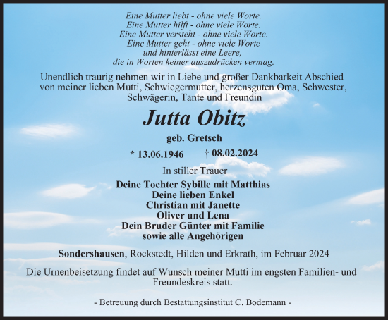 Traueranzeige von Jutta Obitz