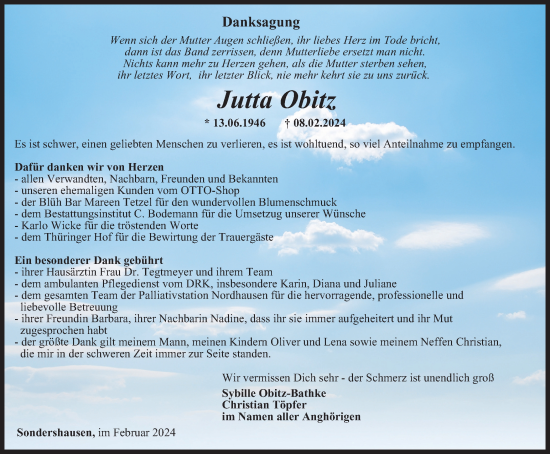 Traueranzeige von Jutta Obitz