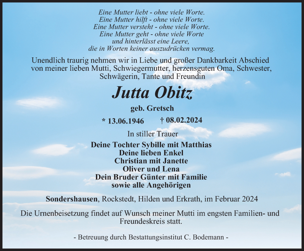 Traueranzeige für Jutta Obitz vom 10.02.2024 aus Thüringer Allgemeine