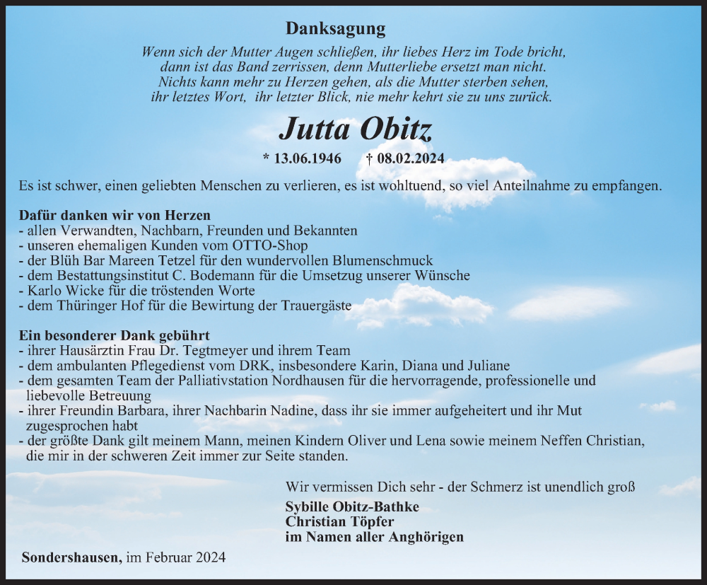  Traueranzeige für Jutta Obitz vom 24.02.2024 aus Thüringer Allgemeine