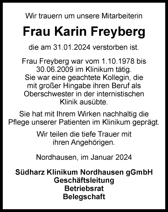 Traueranzeige von Karin Freyberg von Thüringer Allgemeine