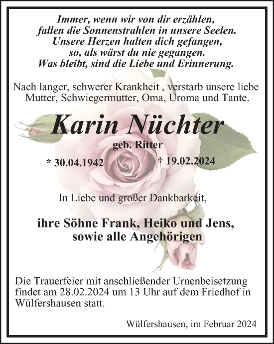 Traueranzeige von Karin Nüchter von Thüringer Allgemeine