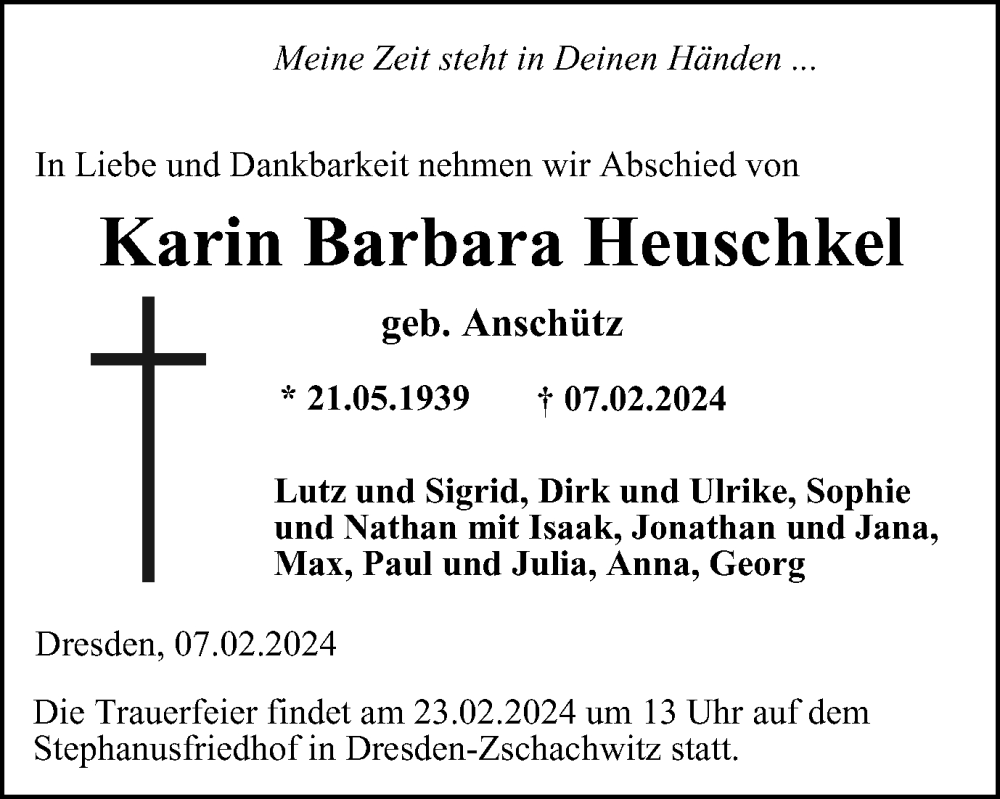  Traueranzeige für Karin Barbara Heuschkel vom 10.02.2024 aus Ostthüringer Zeitung