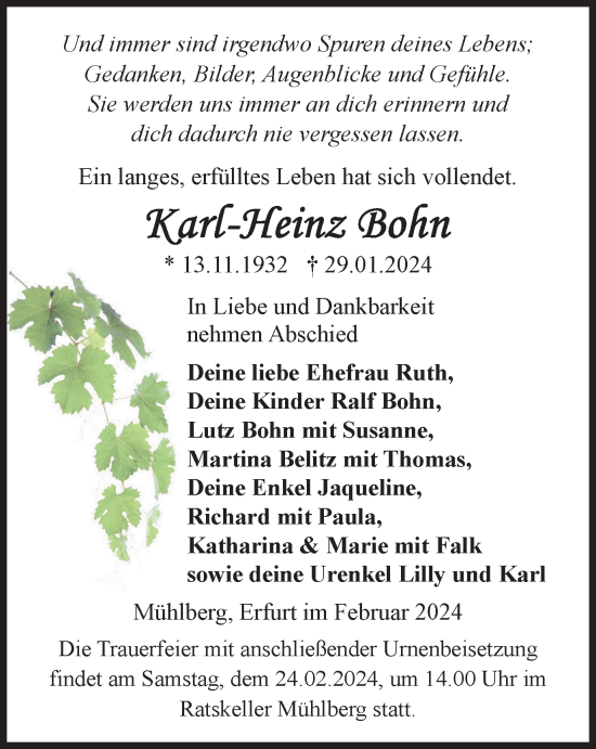 Traueranzeige von Karl-Heinz Bohn von Thüringer Allgemeine, Thüringische Landeszeitung