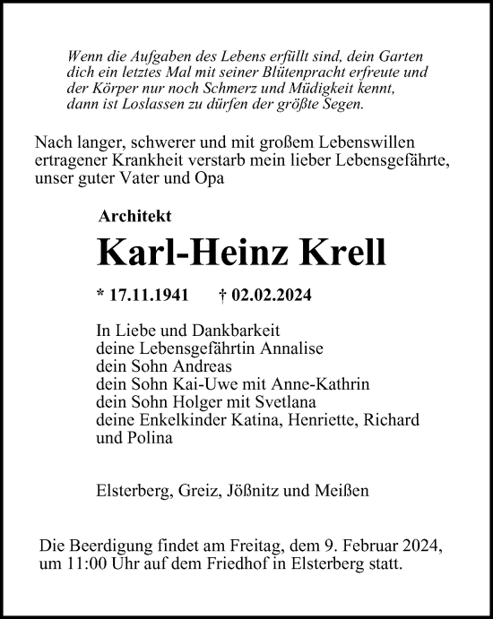 Traueranzeige von Karl-Heinz Krell von Ostthüringer Zeitung