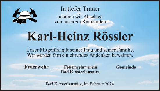 Traueranzeige von Karl-Heinz Rössler von Ostthüringer Zeitung