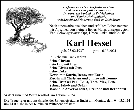 Traueranzeige von Karl Hessel von Ostthüringer Zeitung