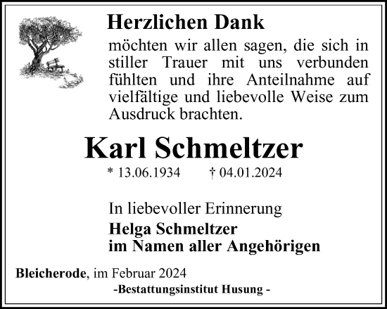 Traueranzeige von Karl Schmeltzer von Thüringer Allgemeine