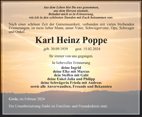 Traueranzeige von Karl Heinz Poppe