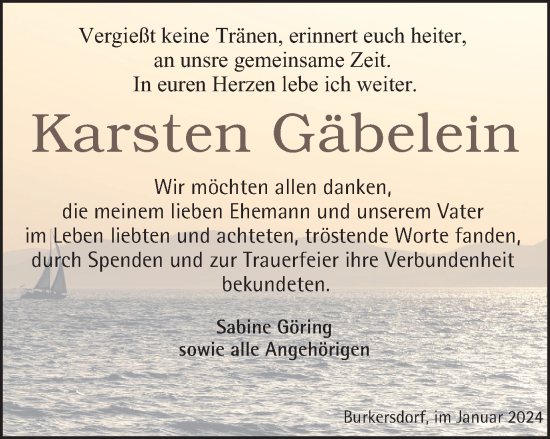 Traueranzeige von Karsten Gäbelein von Ostthüringer Zeitung