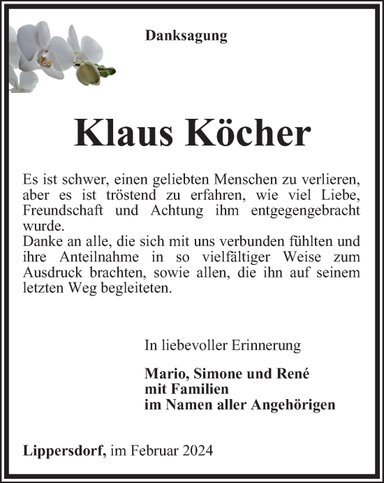Traueranzeige von Klaus Köcher von Ostthüringer Zeitung