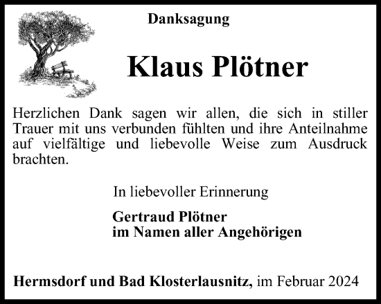 Traueranzeige von Klaus Plötner von Ostthüringer Zeitung