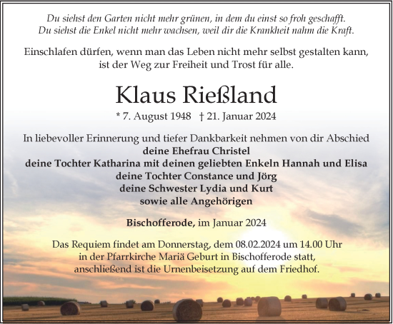 Traueranzeige von Klaus Rießland von Thüringer Allgemeine