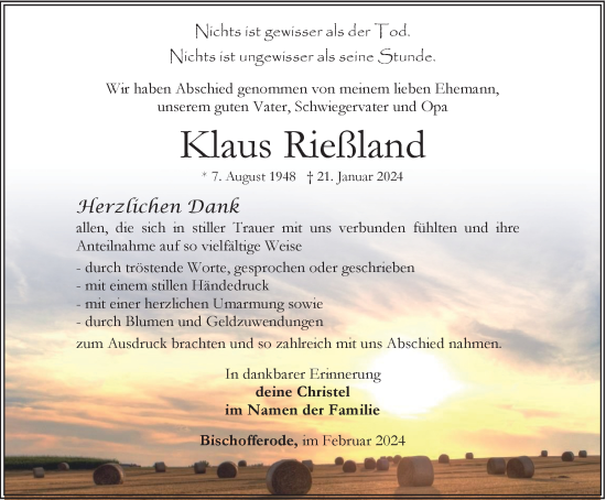 Traueranzeige von Klaus Rießland von Thüringer Allgemeine