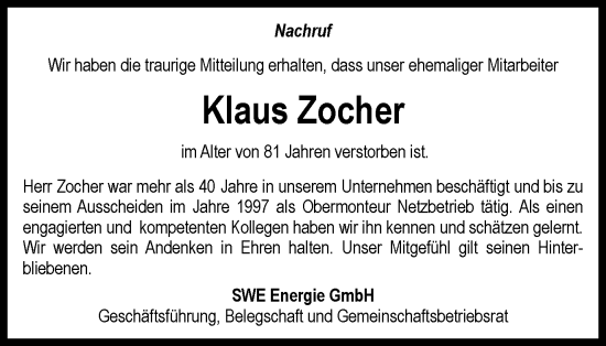 Traueranzeige von Klaus Zocher von Thüringer Allgemeine, Thüringische Landeszeitung
