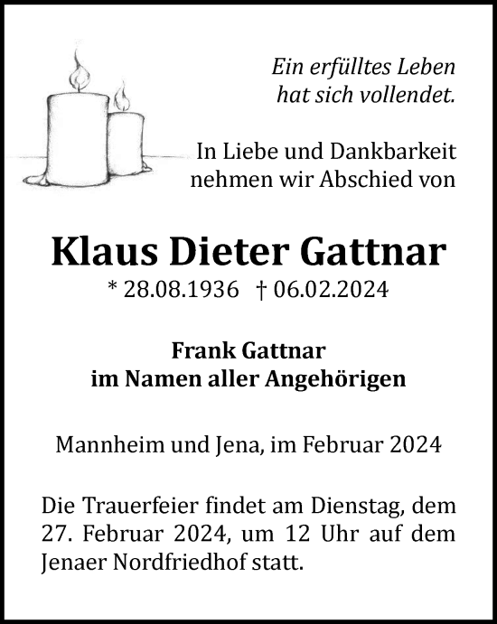 Traueranzeige von Klaus Dieter Gattnar von Ostthüringer Zeitung, Thüringische Landeszeitung